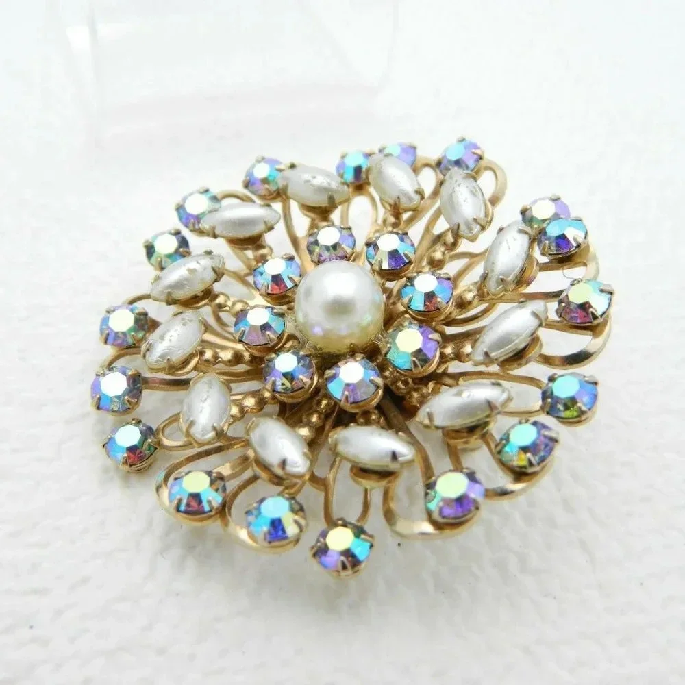 Gold Tone Faux Pearl Blue AB Rhinestone Star Set